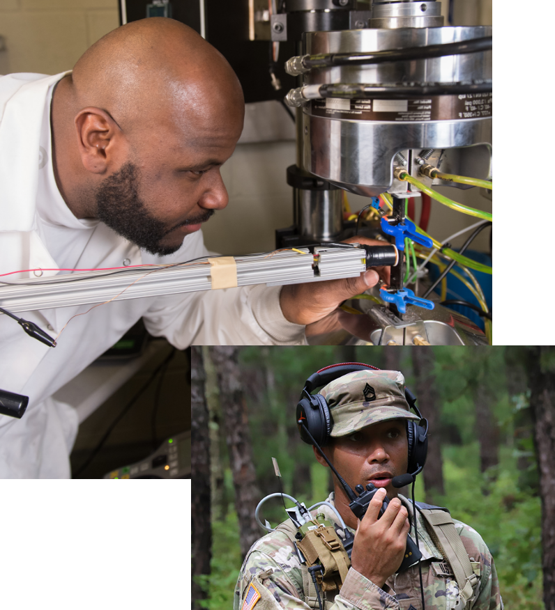 Man in lab and soilder in forrest